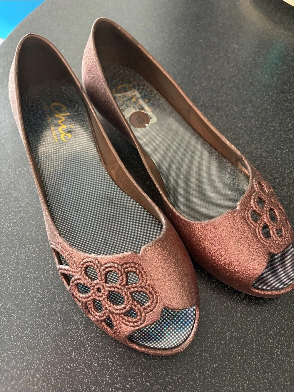 Glitter Floral Peep-Toe Flats - Rose Bronze - Picture 4 of 7